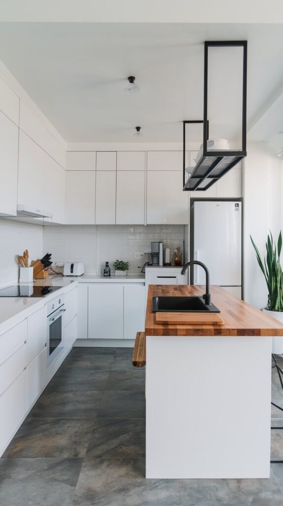 A modern white kitchen with a timber island. The kitchen has a white cabinets, white countertops, a white refrigerator, and a white oven. There is a timber island in the middle of the kitchen with a black sink and a timber cutting board. There is a black pot rack above the island. The floor is made of grey tiles. A potted plant is placed near the window.