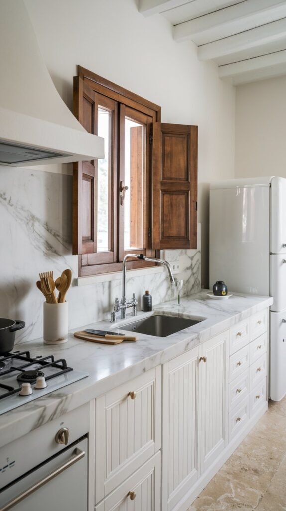 a white kitchen with a marble countertop and backsplash. There is a stainless steel sink with a faucet. Above the sink is a window with wooden shutters. On the countertop, there is a pot, a knife, and a wooden utensil. The kitchen has a white cabinet and a white refrigerator. The floor is made of beige tiles.