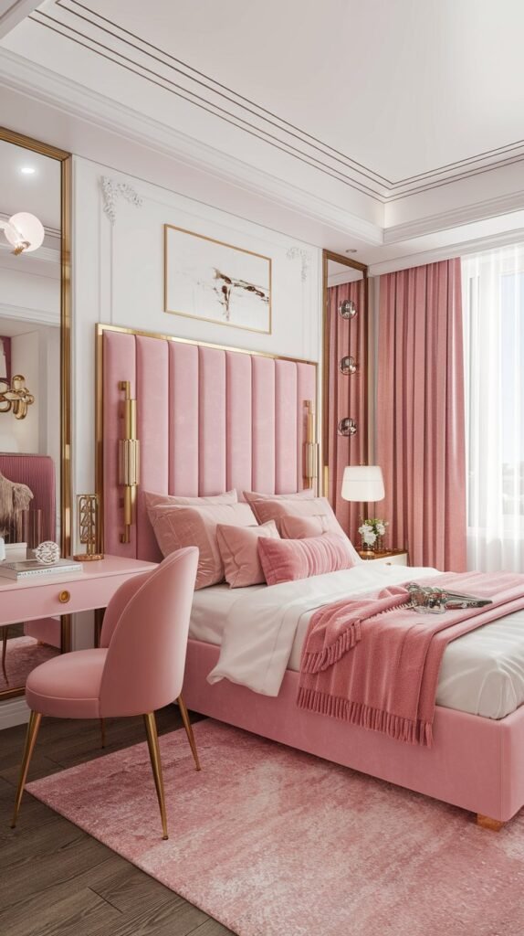 A luxury bedroom with a white and pink color scheme. There is a pink velvet headboard with gold accents. The room features a pink rug, pink curtains, and a white desk. There is a pink chair in the room as well. The room has a few decorative items, including a white lamp, a pink pillow, and a gold frame.