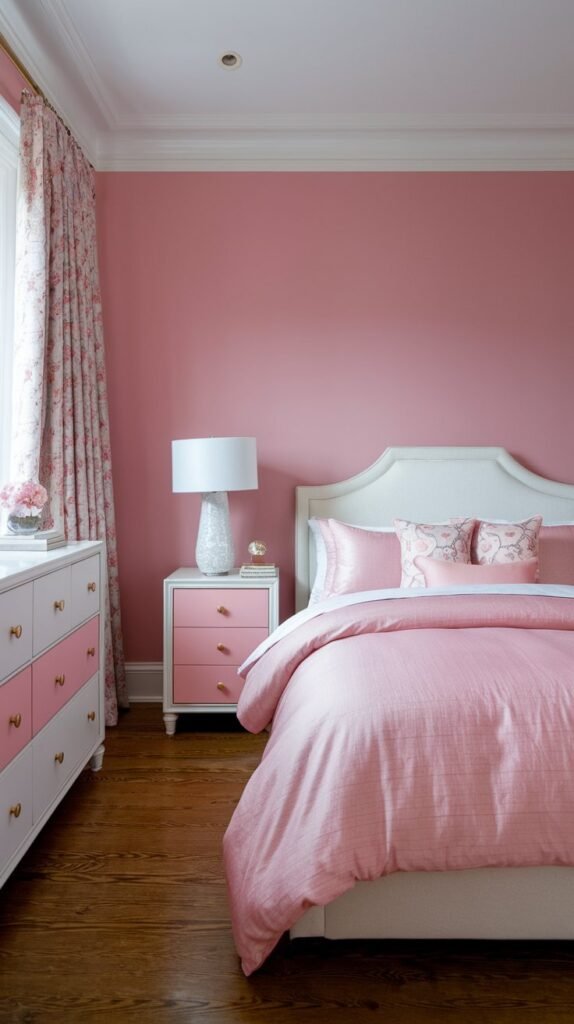 a cozy bedroom with a white and pink color scheme. The room has a queen-size bed with a pink comforter. There is a white dresser with a pink drawer near the bed. The walls are painted pink, and there is a white lamp on the nightstand. The flooring is hardwood.