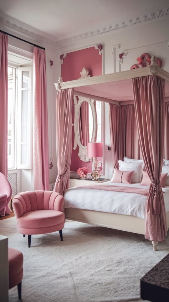 a beautiful bedroom with a white and pink color scheme. The room has a canopy bed with pink curtains and white bedding. There is a pink chair in the room, placed near the window. The walls are adorned with decorative elements, including a large pink mirror and a white frame. The floor is covered with a white rug. There is a pink lamp on the nightstand.