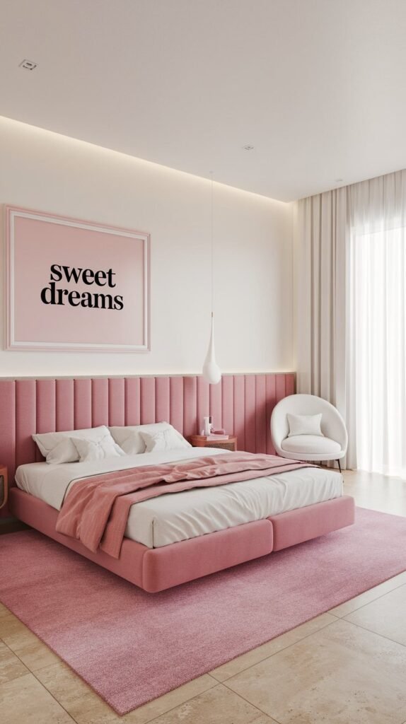 A modern bedroom with a white and pink color scheme. The room has a queen-size bed with a pink headboard. There's a pink rug beneath the bed. On the wall above the bed, there's a large, white frame with the text "Sweet Dreams". There's a white chair in the corner. The room has a large window with white curtains. The floor is made of beige tiles.