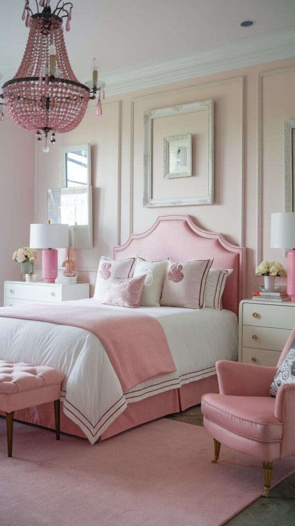 a white and pink bedroom. There is a queen-size bed with a pink headboard. The room has a pink chandelier, a pink armchair, and a white dresser. The floor is covered with a pink rug. The walls are decorated with white frames.