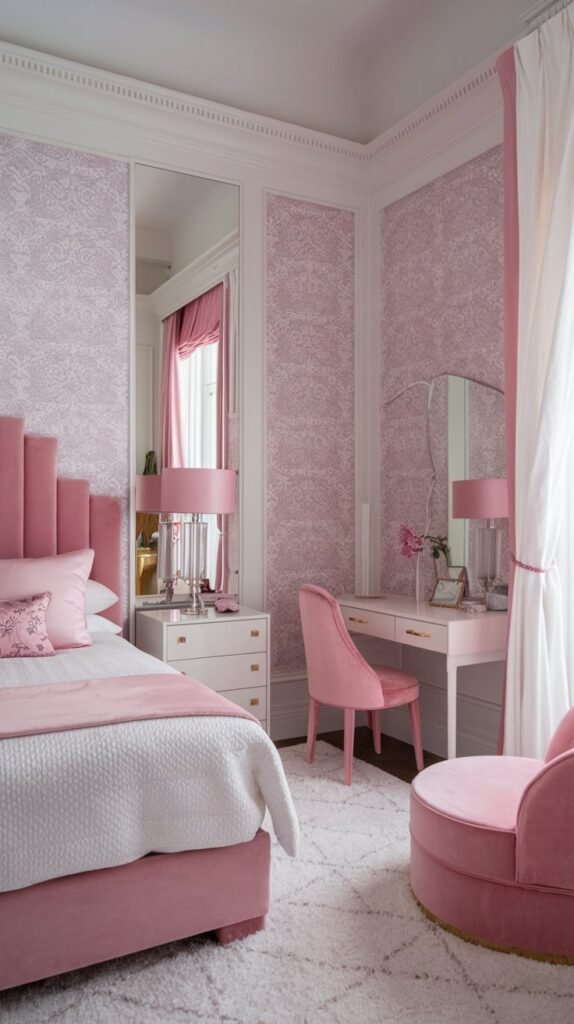 A small luxury bedroom with a white and pink color scheme. The room has a king-size bed with a pink headboard. There's a white dresser with a mirror and a pink chair. The walls are adorned with pink and white patterned wallpaper. The floor is covered with a white rug. The room has a pink lampshade on a white lamp. The room has a white curtain.
