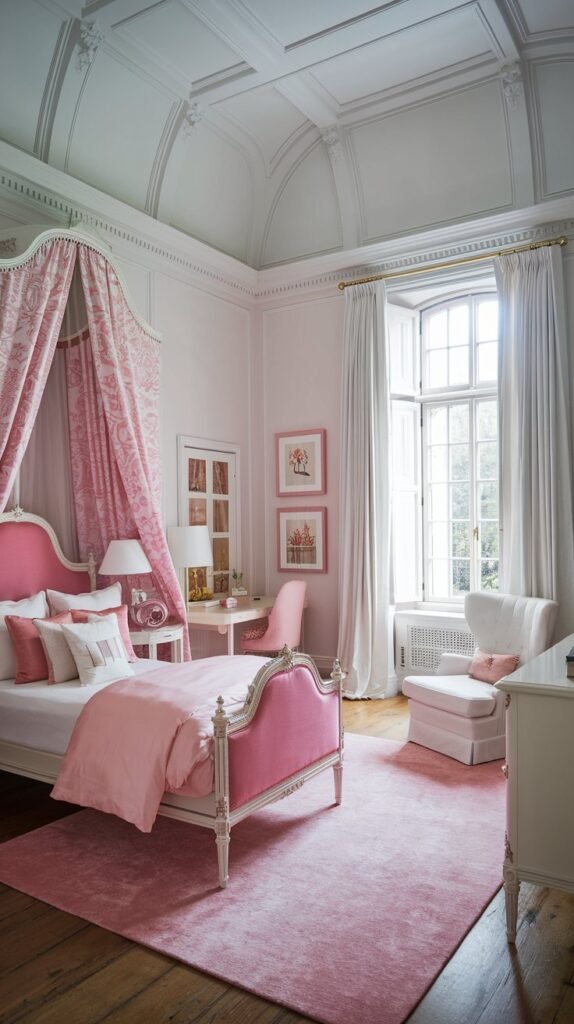 a luxury white and pink bedroom with a high ceiling. The room contains a pink bed with a white headboard, a white chair, a white dresser, and a pink rug. The walls and ceiling are white. There is a pink and white patterned curtain next to the bed. The room has a window with white curtains. The floor is made of wood.