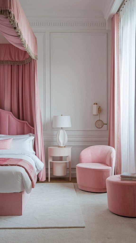 a bedroom with white walls and pink accents. The room has a queen-size bed with a pink headboard and a white bedside table. There's a pink chair in the corner and a white lamp on the bedside table. The floor is covered with a white rug. The room has a pink curtain. The room has a window with white curtains.