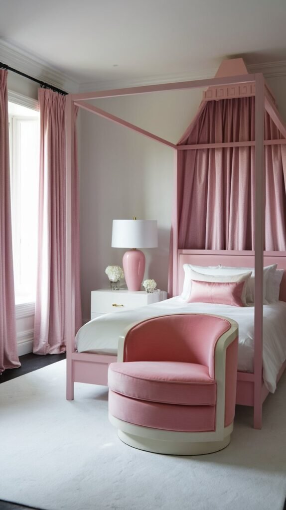 a bedroom with a white and pink theme. The room has a pink canopy bed with white sheets. There is a pink chair with a white frame. The walls are painted white. The floor is covered with a white rug. There are pink curtains near the bed. A white lamp with a pink shade is placed on a white nightstand.