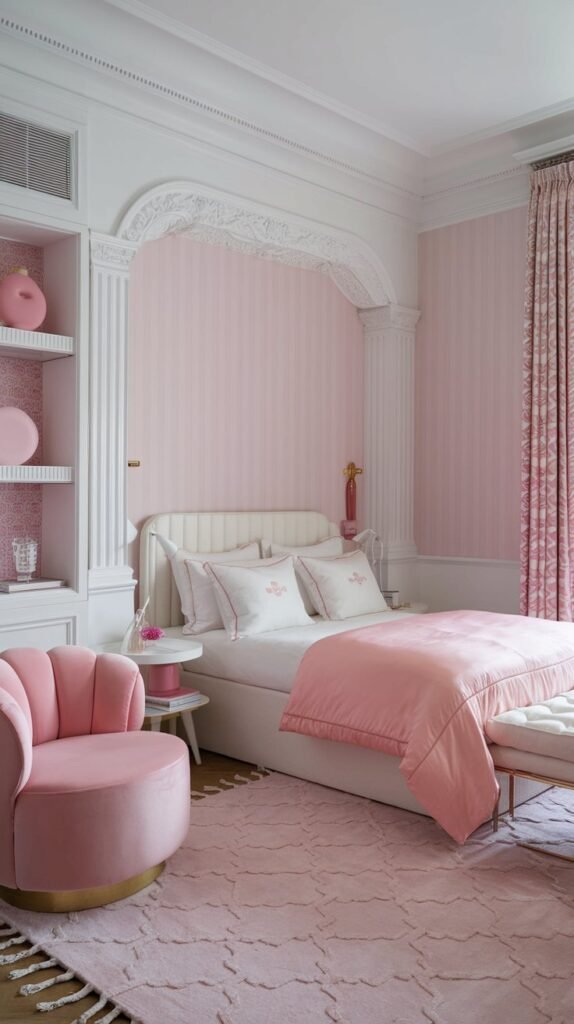 A luxury bedroom with a white and pink theme. The room has a double bed with a pink duvet and white pillows. There is a pink chair with a white backrest in the corner. The walls have pink and white striped wallpaper. There is a white nightstand next to the bed with a pink lamp. The floor is covered with a pink and white rug. The room has a pink and white patterned curtain. There is a white shelf with a pink vase and a white box.