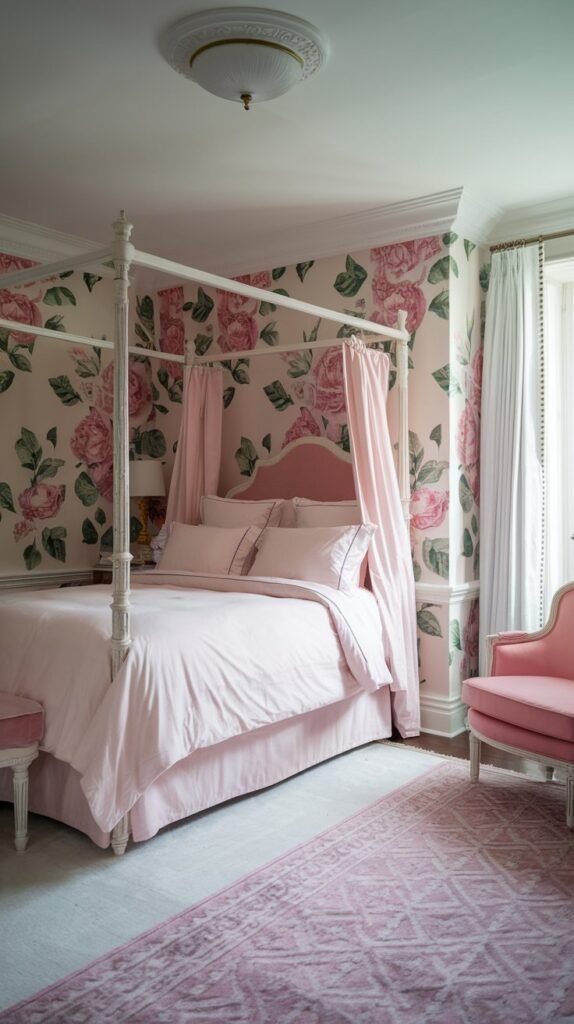 a white and pink bedroom with a canopy bed. The bed is dressed in soft pink linens and has white wooden posts. The walls are adorned with pink roses and green leaves. There's a pink chair with a white frame near the window. The floor is covered with a white rug. There's a white lamp on the bedside table. The room has a pink and white patterned rug. The ceiling has a light fixture. The window has white curtains.