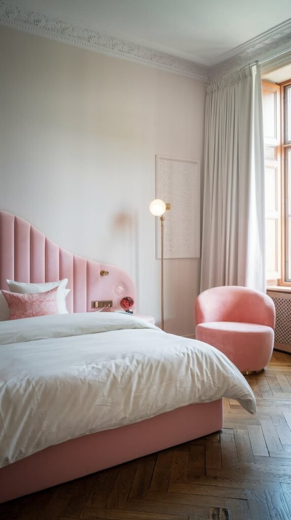 a luxury bedroom with a white and pink theme. The room has a queen-size bed with a pink headboard. There is a pink chair in the corner. The walls are painted white. There is a floor lamp near the bed. The room has a window with white curtains. The floor is made of wooden planks.