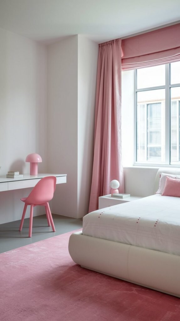 a bedroom with a white and pink color scheme. The room has a large window with a pink curtain. There is a white bed with pink pillows in the middle of the room. A pink chair and a white desk with a pink lamp are near the window. The floor is covered with a pink rug. The walls are white.