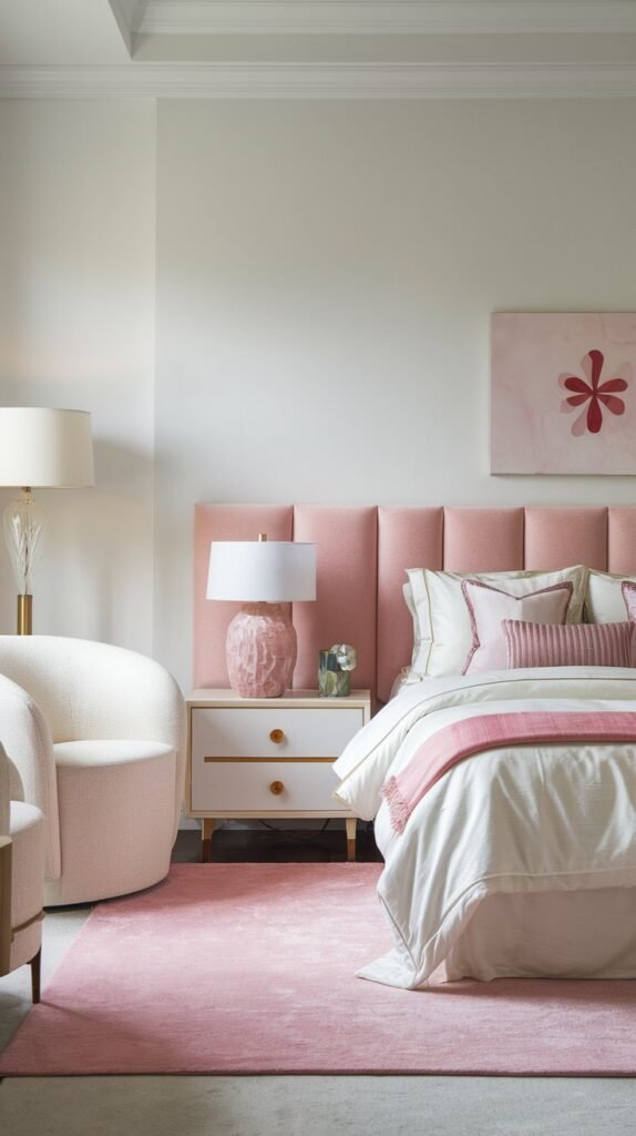 a bedroom with a white and pink color scheme. The room has a queen-size bed with a pink headboard. There is a pink rug near the bed. The walls are white. The room has a lamp, a chair, and a nightstand. The nightstand has a lamp and a decorative item.