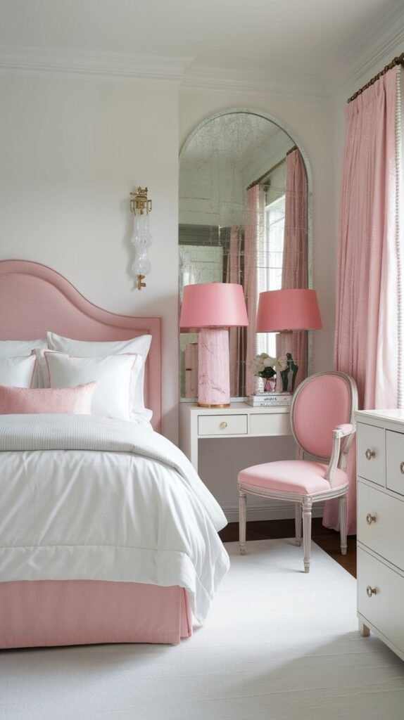 a beautiful bedroom with a white and pink theme. The room features a queen-sized bed with a pink headboard and white bedding. There's a pink chair and a white dresser with a mirror. The walls are painted white. The room has a few decorative items, including a pink lampshade, white curtains, and a pink throw pillow. The floor is covered with a white rug.