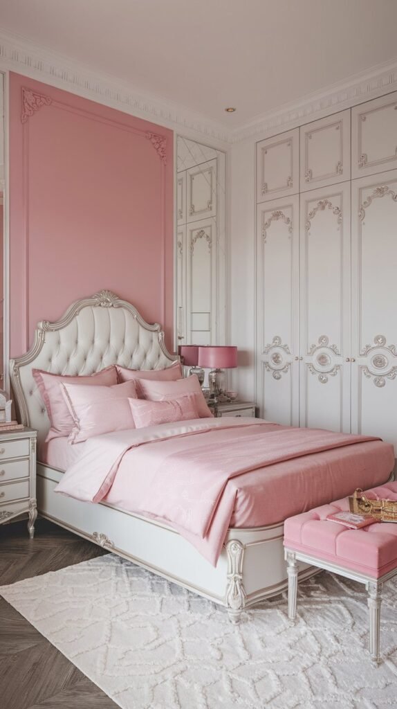 a bedroom with a white and pink color scheme. The room has a queen-size bed with a white headboard and pink bedding. There's a pink accent wall and a white wardrobe. The floor is covered with a white rug. There's a pink lamp on the nightstand.