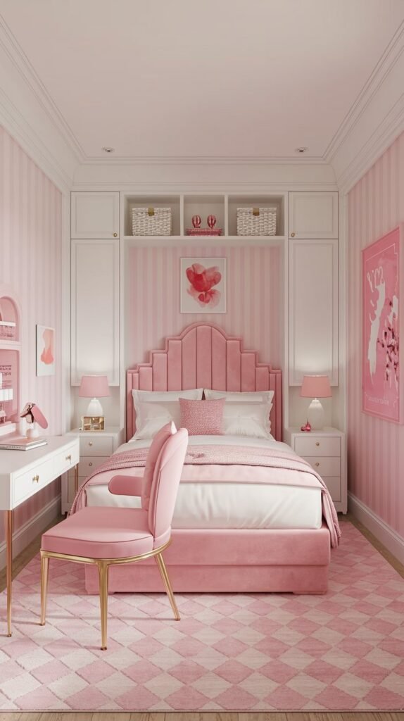 A bedroom with a white and pink color scheme. The room has a queen-sized bed with a pink headboard. There is a white desk with a pink chair in the corner. The room has a pink rug and white shelves. The walls have pink and white striped wallpaper. There is a pink lamp on the desk. The room has a few personal items, such as a pink poster and a white lamp.
