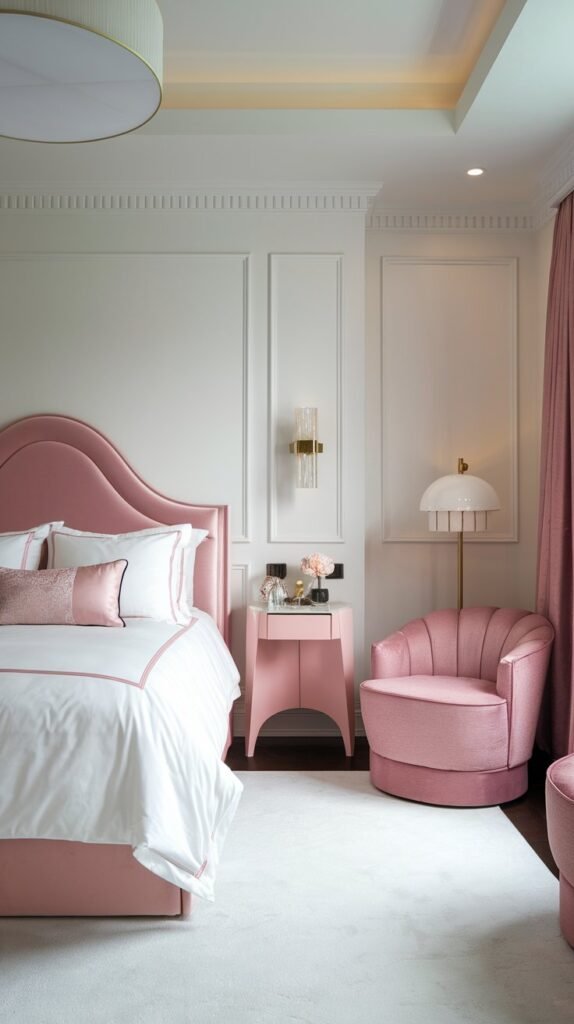 a luxury bedroom with a white and pink theme. The room has a queen-sized bed with a pink headboard. There is a pink chair in the corner. The walls are painted white. There is a small desk with a pink chair. The room has a ceiling light and a floor lamp. The floor is covered with a white rug.