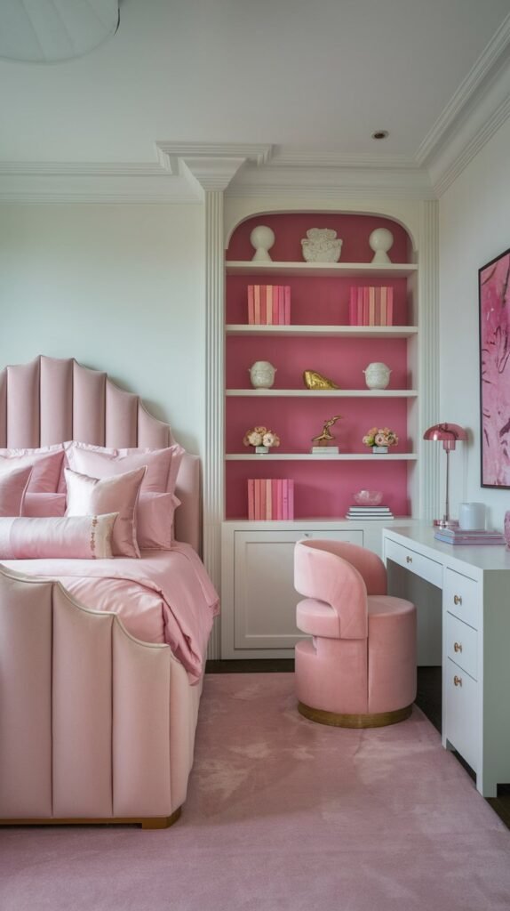 a small bedroom with a white and pink color scheme. The room has a plush pink bed with a white headboard. There is a pink chair in the corner. The room has a white desk with a pink chair. There is a white bookshelf with pink decorations. The room has a pink rug. The walls and ceiling are white.