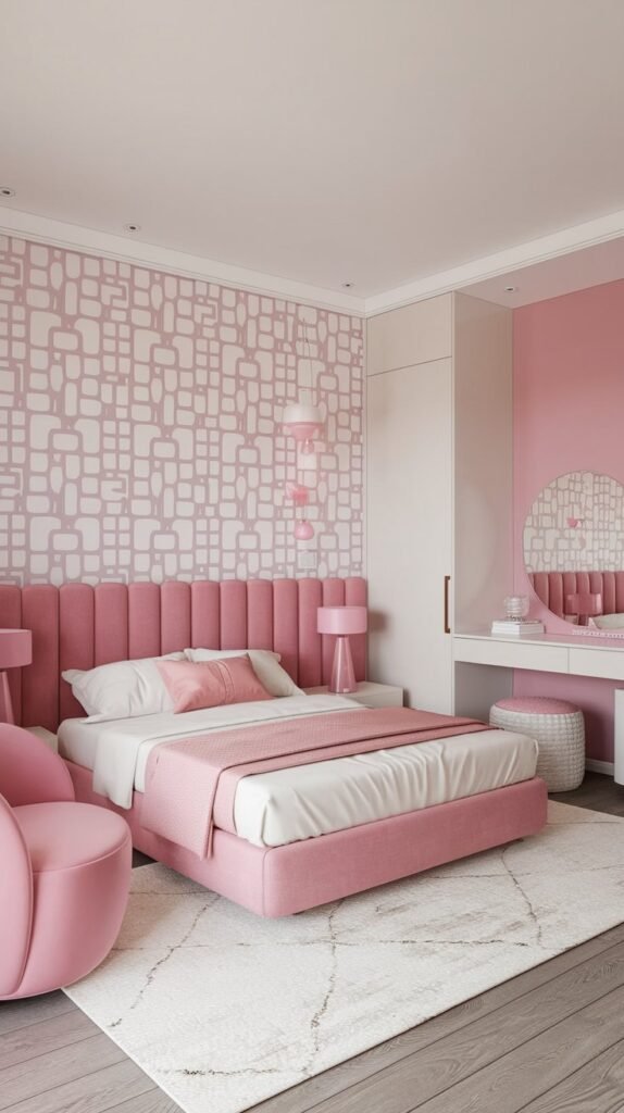 A modern bedroom with a white and pink color scheme. The room has a queen-size bed with a pink headboard. There is a pink chair near the bed. On the opposite wall, there's a white dresser with a mirror. The wall above the bed has a pink and white patterned wallpaper. The floor is covered with a white rug. The room has a few decorative items, including a pink lamp and a white basket.