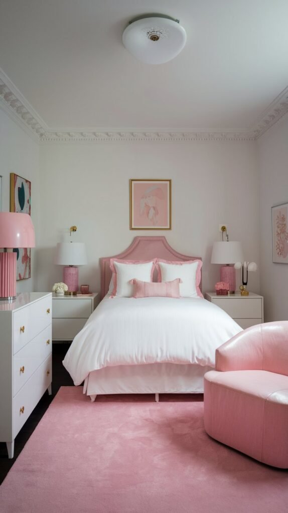 a cozy bedroom with a white and pink theme. The room has a pink rug, a white bed with pink pillows, and a pink chair. There's a white dresser and a nightstand near the bed. The walls are white. The room has a few decorative items, including a pink lampshade and a white lamp. The ceiling has a white fixture.