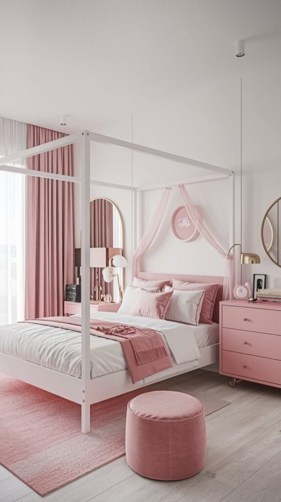 A modern white and pink bedroom with a canopy bed and a pink dresser. There is a pink rug near the bed. The walls are white. There are pink curtains on the window. The room has a lamp, a mirror, and some decorative items.