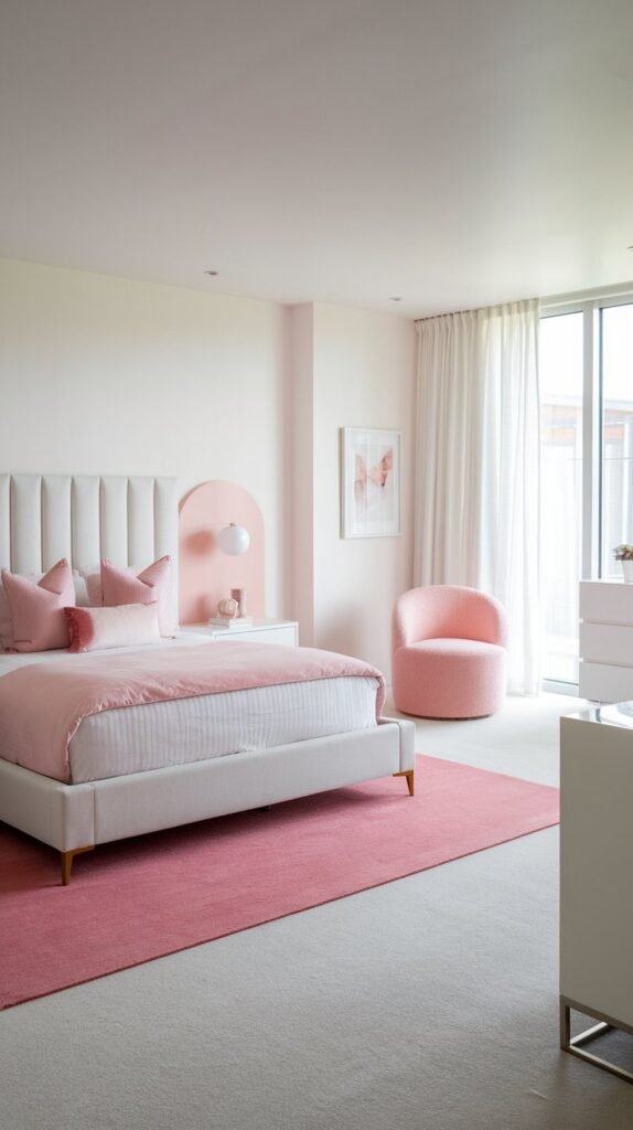 a bedroom with a white and pink color scheme. The room has a queen bed with a white headboard and pink pillows. There's a pink rug beneath the bed. The walls are painted white. There's a pink chair in the corner and a white dresser near the window. The room has a large window with white curtains. The floor is covered with a white carpet.
