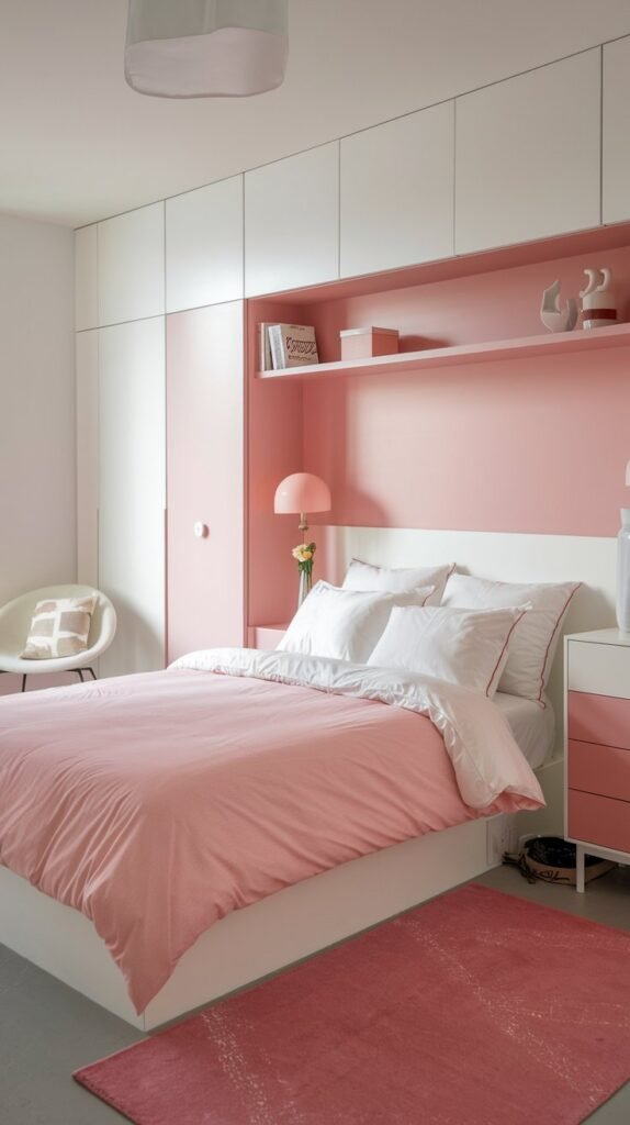 a bedroom with white and pink color scheme. The room has a queen-size bed with a pink duvet and white pillows. There's a white dresser with a pink drawer and a pink lamp beside the bed. The room has a white chair in the corner and a white shelf above the bed. The floor is covered with a pink rug.