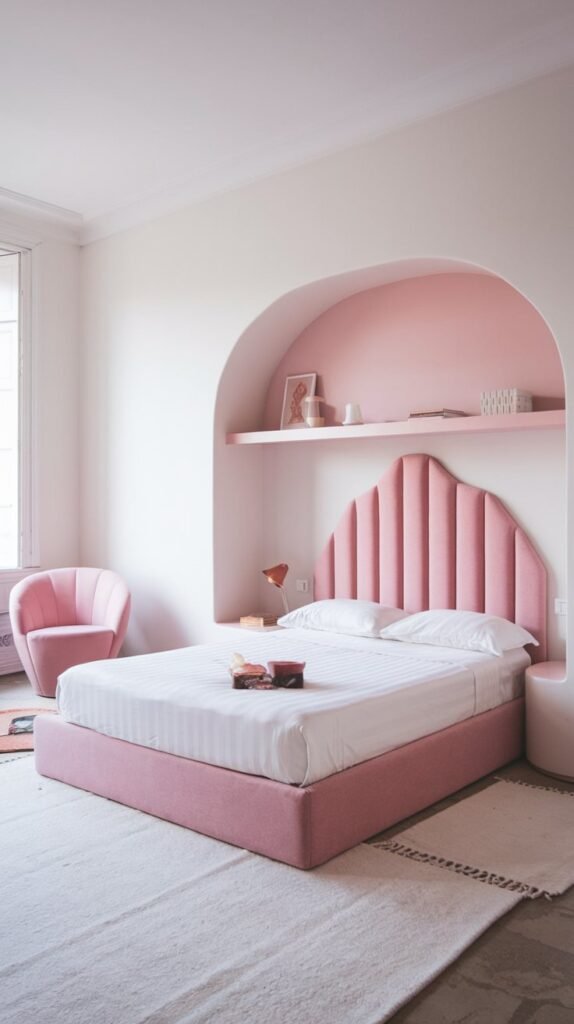 a white and pink bedroom with a modern design. The room has a queen-sized bed with a pink headboard. There is a white shelf above the bed. The floor is covered with a white rug. There is a pink chair in the corner near the window. The walls are painted white.