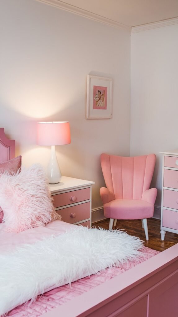 A cozy bedroom with white and pink color scheme. There's a pink bed with fluffy white pillows. A white dresser with pink drawers is placed near the bed. A pink chair with white legs is placed in the corner. There's a white lamp with a pink shade on the nightstand. The walls are painted white. The floor is hardwood.