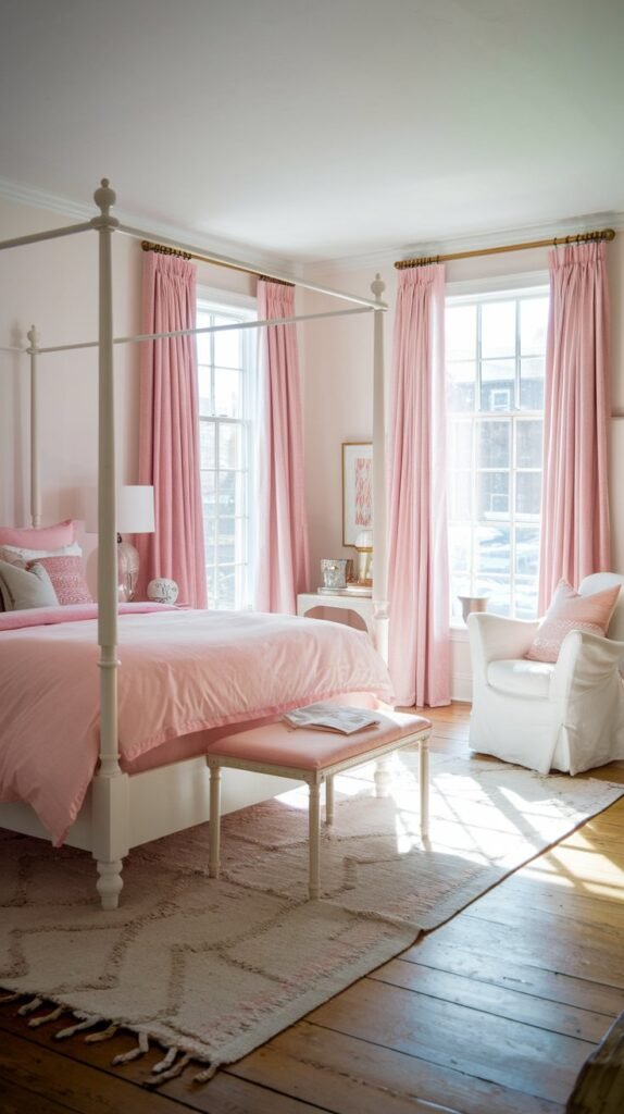 a white and pink bedroom with a canopy bed. The bed has white posts and is covered with a pink duvet. There are pink curtains on the window and a white chair in the room. The floor is wooden and has a rug. There's a table next to the bed with a lamp. The room has a lot of natural light.