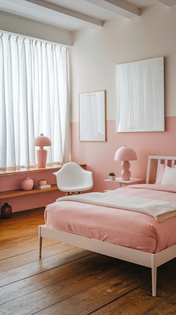 a white and pink bedroom with a wooden floor. The room has a queen-size bed with a white frame and pink bedding. There's a pink lamp on the nightstand. A white chair is placed near the bed. The wall has a whiteboard. There's a window with white curtains. The room has a wooden shelf with a pink vase and a lamp.