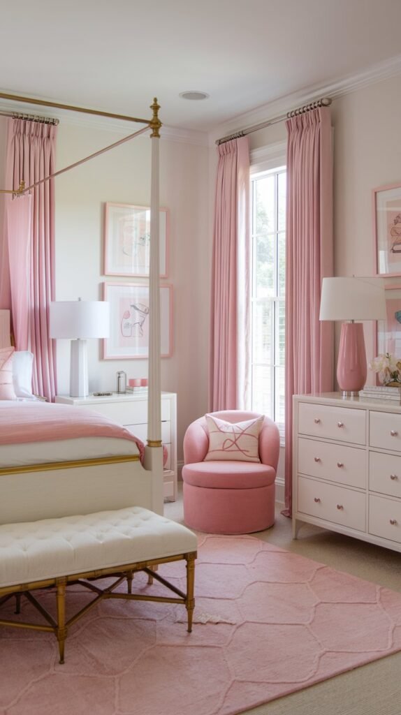 a white and pink bedroom with a four-poster bed, pink curtains, and a white dresser. The room also has a pink chair in the corner, a white lamp on the dresser, and a pink rug on the floor. The walls are adorned with framed artwork.