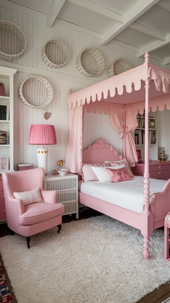 A white and pink bedroom with a vintage touch. There's a pink canopy bed with white posts. The walls are adorned with white wicker baskets and a pink lamp. The floor is covered with a white shag rug. There's a pink chair in the corner. The room has a white bookshelf and a pink dresser.