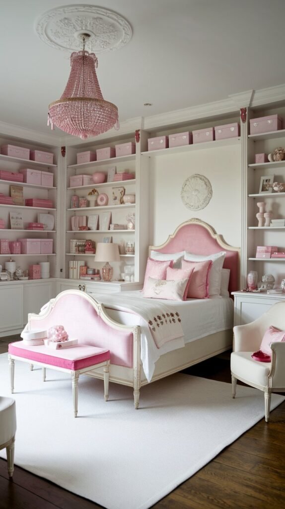 a white and pink bedroom with a vintage touch. The room has a wooden bed with a white frame and a pink headboard. There's a pink chandelier above the bed. The walls are lined with white shelves filled with pink and white items. The floor is covered with a white rug. A white chair with a pink seat is placed near the bed. The room has a vintage lamp and a small white table with a pink decoration.