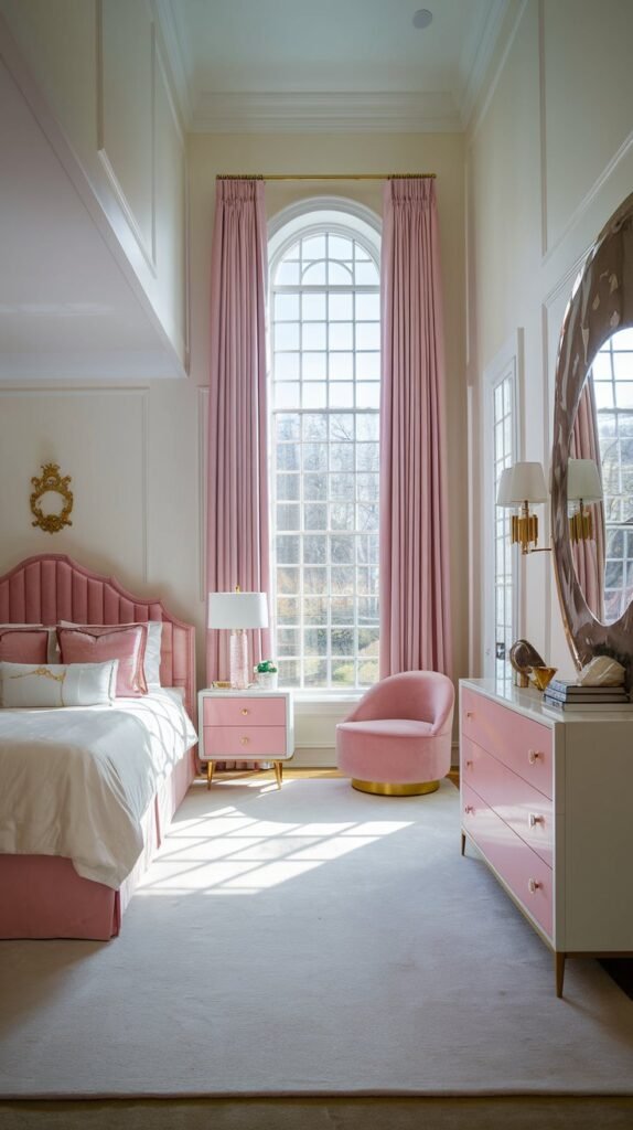 an elegant bedroom with a white and pink color scheme. The room has a high ceiling and is illuminated by natural light from a large window with pink curtains. There is a pink velvet headboard and a white dresser with a pink drawer. The floor is covered with a white rug. There is a pink chair near the window. The room has gold accents, such as a lamp and a decorative item.