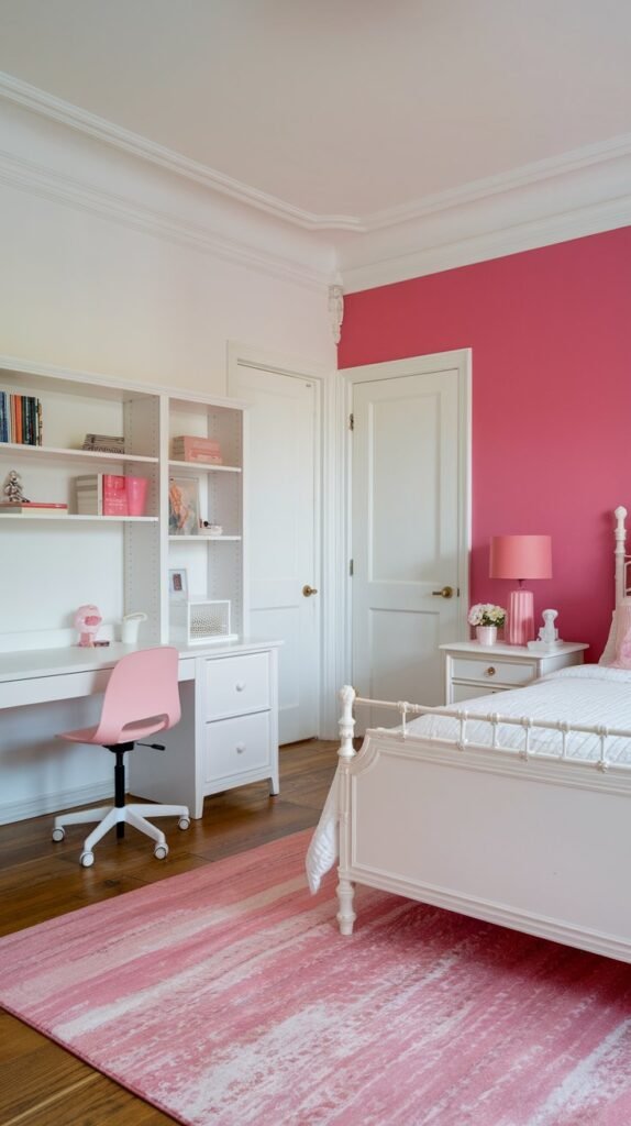a white and pink bedroom with a pink accent wall, a white bed frame, and a pink rug. There is also a white desk with a pink chair, a white bookshelf, and a pink lamp. The room has a white ceiling and a white door. The floor is made of wood.