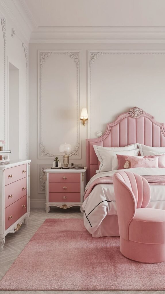 A bedroom with a white and pink theme. The room has a queen-size bed with a pink headboard. There is a white dresser with pink drawers and a pink chair. The walls are painted white, and there is a pink rug on the floor. The room has a small table lamp on the nightstand.