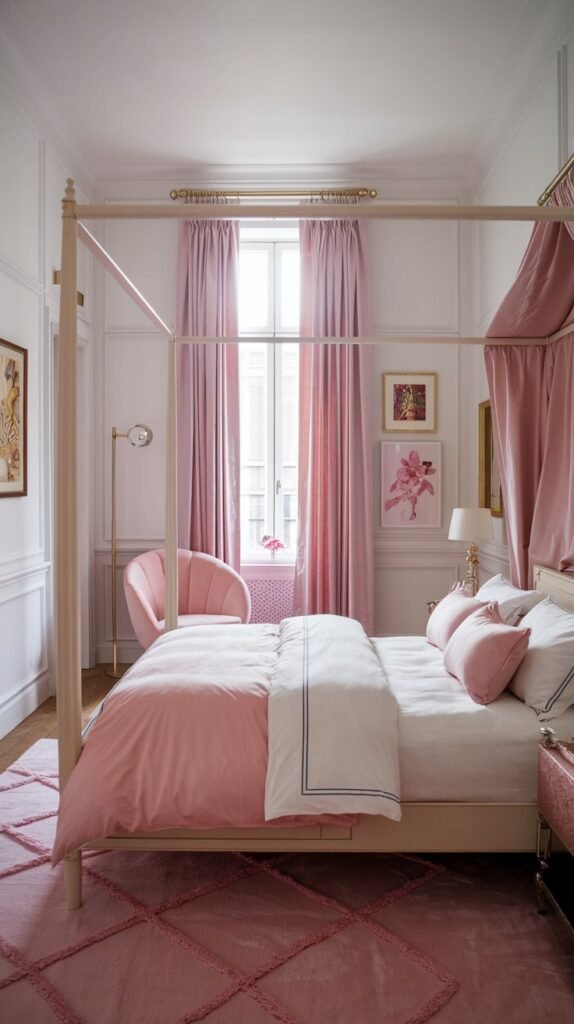 A white and pink bedroom with a canopy bed. The bed is placed near the wall and has a pink duvet cover and white pillows. There is a pink chair in the corner near the window. The room has a pink rug and pink curtains. The walls are white and have a few pieces of art. There is a lamp on the nightstand. The room has a cozy atmosphere.