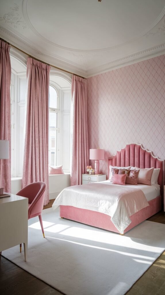 a bedroom with a white and pink color scheme. The room has a high ceiling and is filled with natural light. There is a pink velvet headboard and a white bed frame. The walls have a pink pattern. There is a pink chair and a white desk. The floor is covered with a white rug. There are pink curtains and a white lampshade.