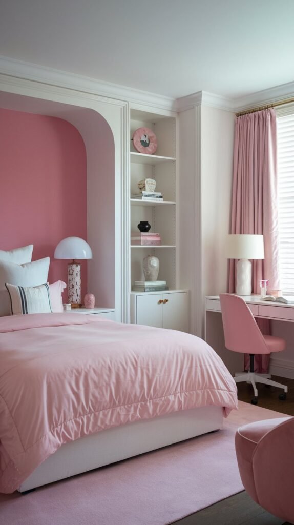 a small bedroom with a white and pink theme. The room has a queen-size bed with a pink duvet and white pillows. There's a pink chair in the corner and a white desk with a pink chair near the window. The walls are white, and there's a white lamp on the white desk. The floor is covered with a pink rug. The room has a pink accent wall and a white bookshelf.
