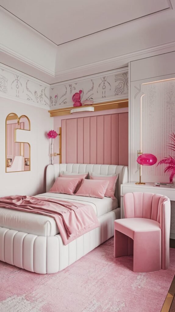 A bedroom with a white and pink color scheme. The room has a plush white bed with pink pillows and a pink blanket. There is a pink chair in the corner. The room has a white desk with a pink lamp and a pink plant. The walls have white and pink patterns. The floor is covered with a pink rug. There is a white shelf above the bed with a pink vase and a white lamp.