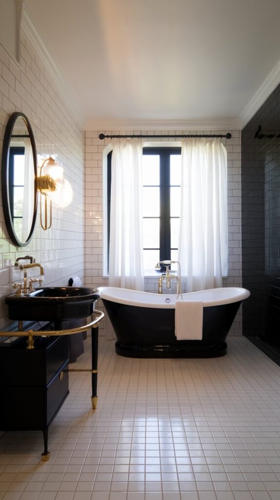 A black and white bathroom with a freestanding bathtub. There is a black sink with a gold faucet. A black cabinet and a gold lamp are placed near the sink. The floor is covered with white tiles. The walls are tiled with black and white squares. The room has a window with white curtains. The lighting is warm.