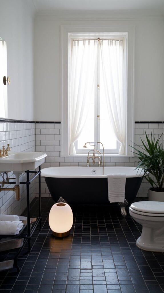 a black and white bathroom. There's a freestanding bathtub near the window, a sink with a gold faucet, and a toilet. There's a potted plant near the sink. The floor is tiled with black and white checkered tiles. The walls have white tiles up to the window. The window has a white curtain. There's a white lampshade on the floor.