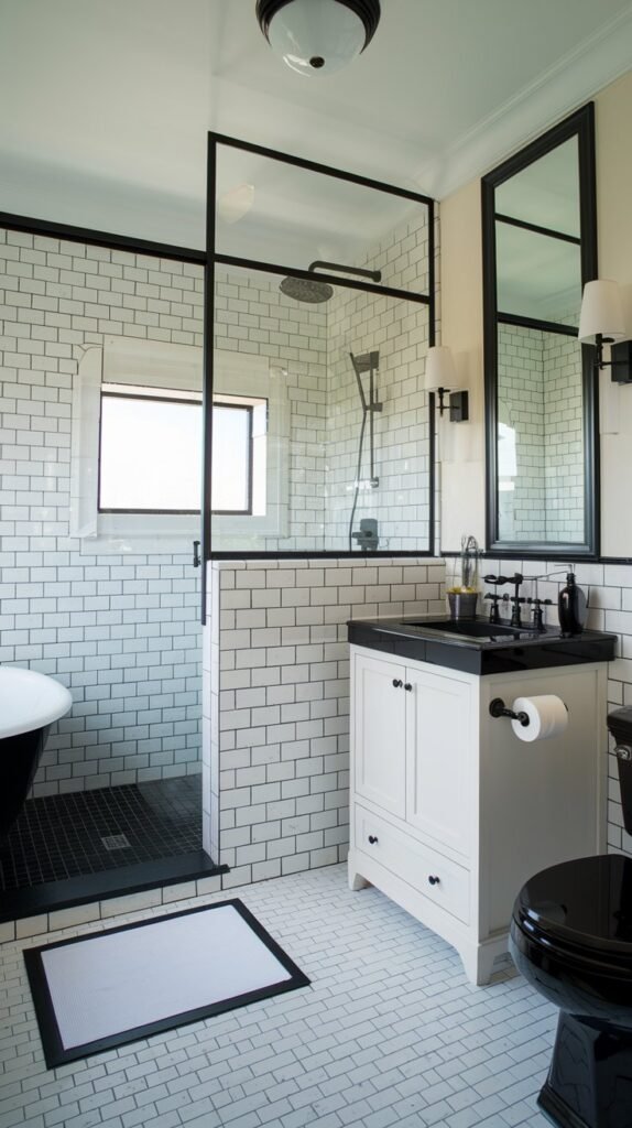 a black and white bathroom with a walk-in shower. The shower has black tiles on the floor and wall, while the rest of the bathroom has white tiles. There's a white bathtub, a black sink, and a black toilet. The bathroom has a white cabinet and a black lamp. The floor is covered with a white mat. The walls have a black frame around a white mirror. The ceiling has a white light fixture.