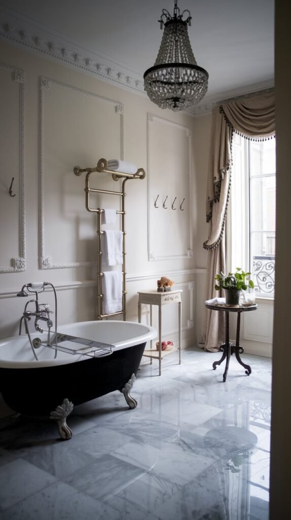 a black and white French bathroom with a clawfoot tub. The room has a marble floor and features a chandelier. There's a vintage towel rack and a small table with a plant. The walls have decorative trim and a few hooks. The room has a window with a curtain.