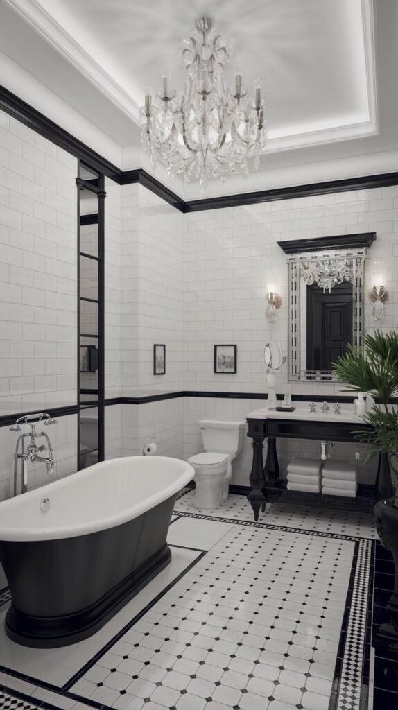 A luxury black and white bathroom with a freestanding bathtub. The room has a high ceiling and a chandelier. There is a toilet and a sink with a mirror above it. The floor is made of black and white tiles. There is a potted plant near the sink. The walls are made of white tiles.