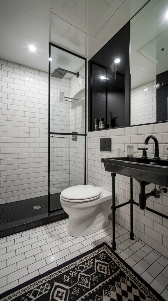 a modern black and white bathroom. The room features a black sink and a white toilet. There is a black faucet and a white shower. The floor is made of white tiles. The walls are made of black tiles. There is a black shelf above the toilet. The room has a black and white patterned rug. The lighting is bright.