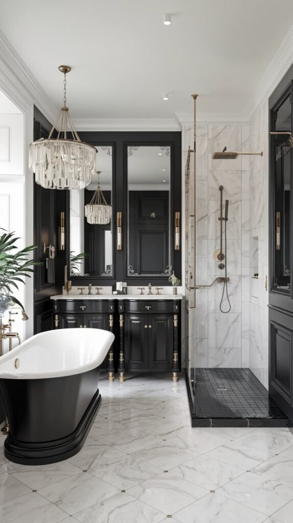 A black and white luxury bathroom with a freestanding bathtub, a double vanity, and a walk-in shower. The room has marble flooring and walls. There is a chandelier hanging above the tub. The vanity has gold fixtures. The shower has a rainwater showerhead. There is a plant near the window. The walls have decorative patterns.