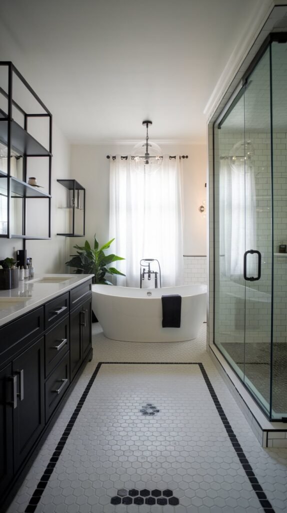 a modern black and white bathroom with a freestanding bathtub, double vanity, and a large frameless glass shower. The floor is covered with white and black hexagonal tiles. There's a potted plant near the bathtub. The walls are adorned with a black metal shelf and a white shelf. The room has a window with a white curtain.