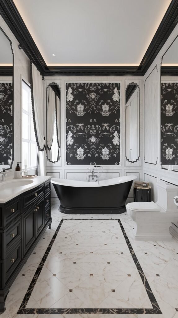 A black and white bathroom with marble flooring. The room features a large black bathtub placed next to a white vanity with a mirror above it. There's a white toilet at the end of the room. The wall above the bathtub is decorated with a black and white pattern. The room has a window with white curtains.