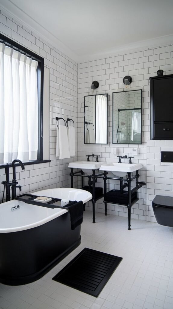 A black and white bathroom with a freestanding bathtub, a double sink with black faucets, and a black toilet. The floor is white ceramic tiles. The walls are clad in white subway tiles with black grout. A black towel rack and a white storage cabinet with a black door are mounted on the wall. A black mat is placed in front of the bathtub. The room has a window with white curtains.